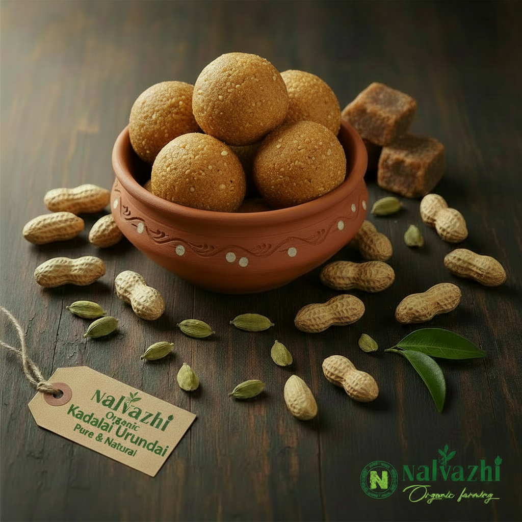 Kadalai Urundai in rustic clay bowl with peanuts and jaggery