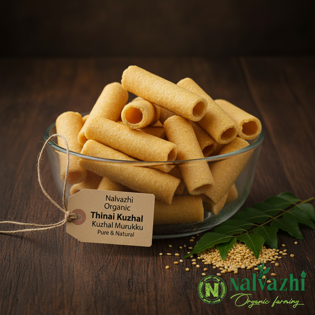 Nalvazhi Organic Thinai Kuzhal Murukku smooth hollow tube shaped murukku in clear glass bowl on dark wooden table