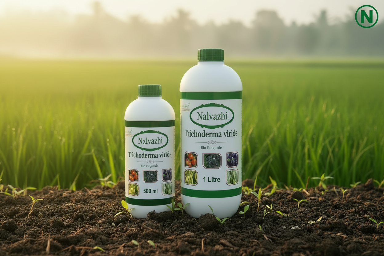 Nalvazhi Trichoderma Viride Bio Fungicide 500ml and 1 Litre bottles in farm field
