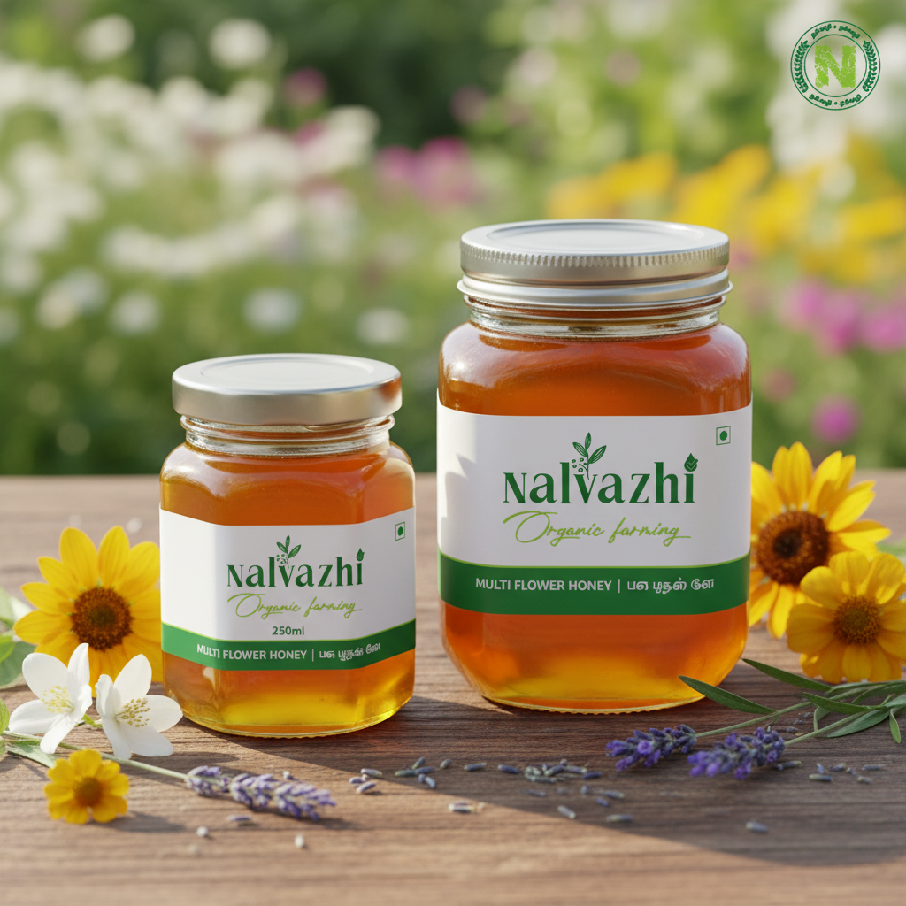 Nalvazhi Multi Flower Honey - 250ml and 500ml jars side by side with wildflowers