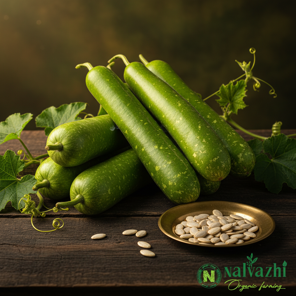 Neela Surai (Long Bottle Gourd) cinematic farm shot with white seeds in brass plate — Nalvazhi Organic native seeds