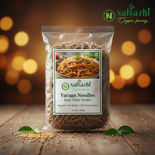 Varagu Kodo Millet Noodles in clear packet with Nalvazhi branded sticker