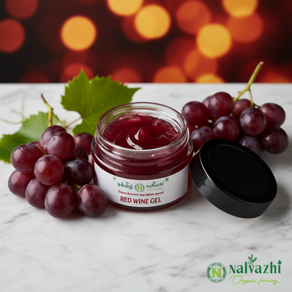 Nalvazhi Red Wine Gel jar open lid showing rich deep red gel consistency with grapes and vine leaves