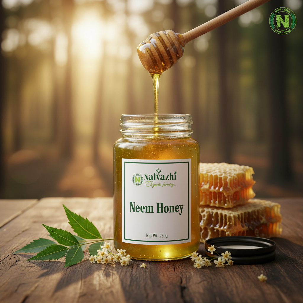 Neem Honey 250g jar with neem leaves and flowers on rustic wooden surface