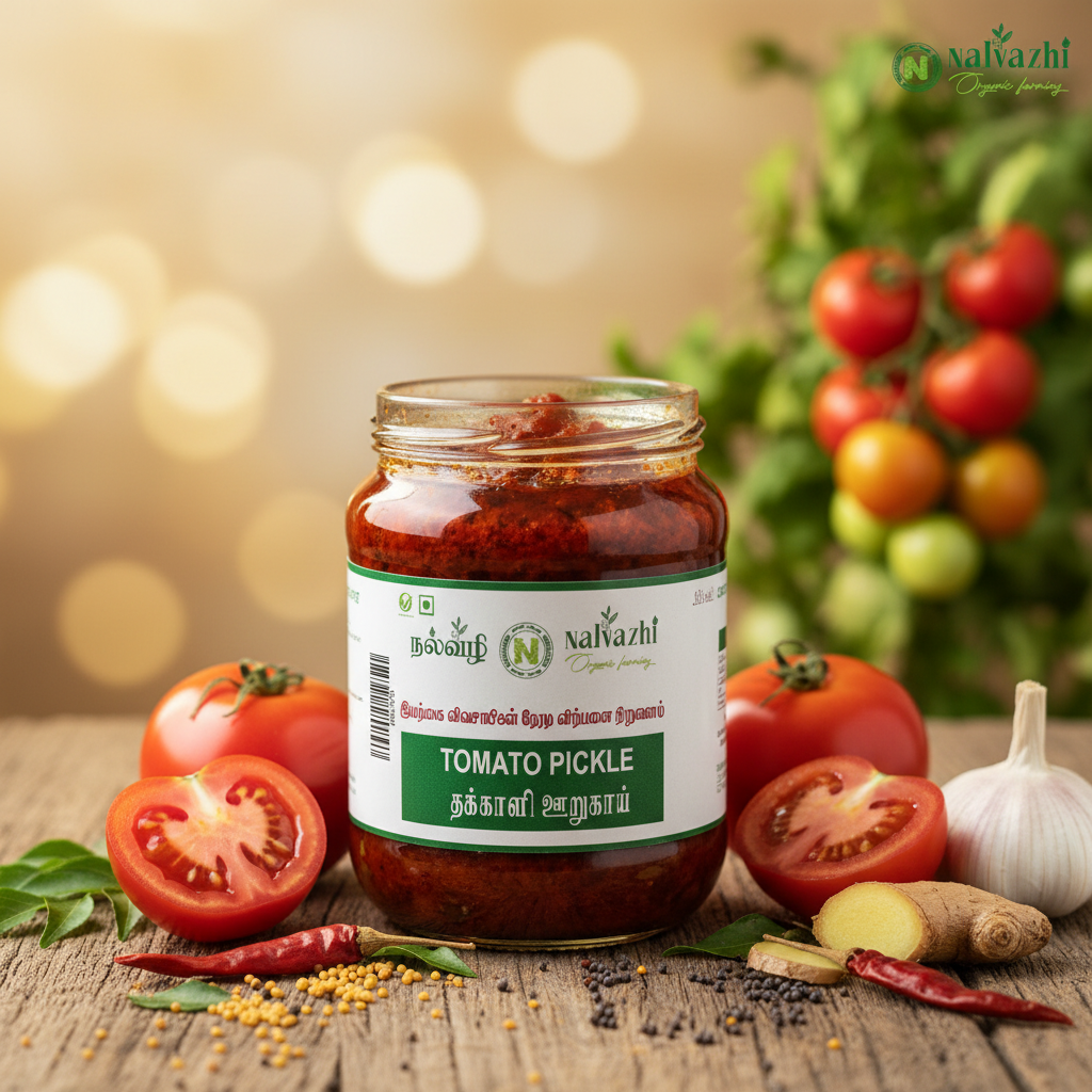 Nalvazhi Thakkali Oorugai jar with fresh ripe tomatoes and Nalvazhi label