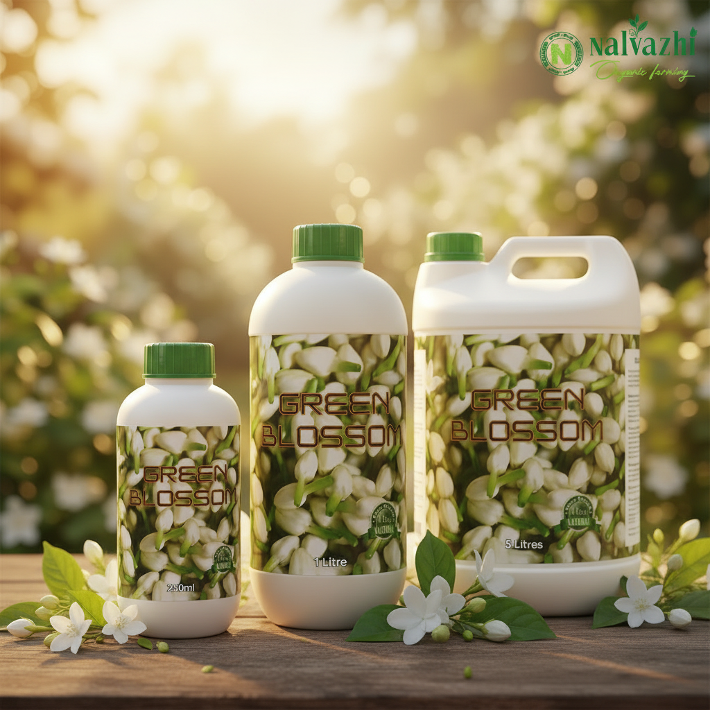 Nalvazhi Green Blossom Bio Stimulant - 250ml, 1 litre and 5 litre sizes combined on wooden surface with jasmine flowers