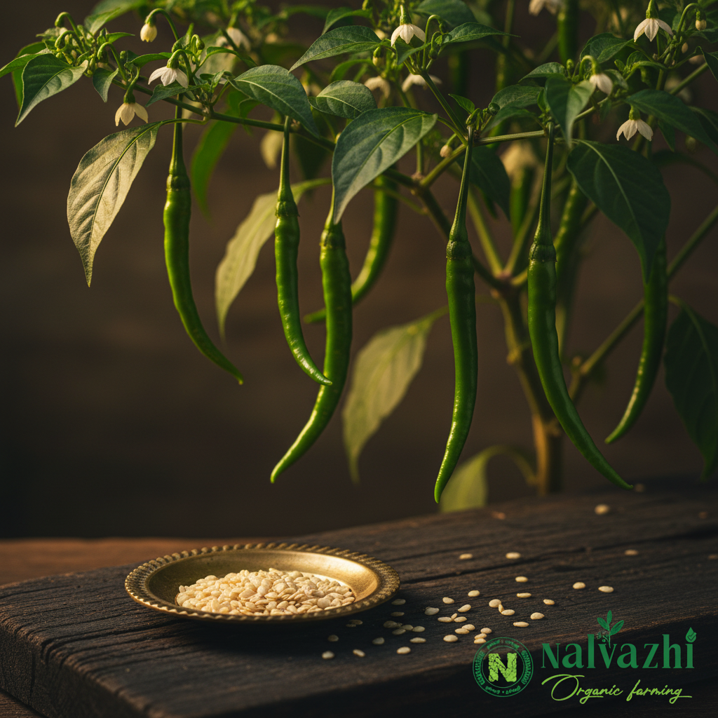 Long Green Chilli (Neelamari Milagai) long slender green chillies on plant with white flowers and cream seeds in brass plate — Nalvazhi Organic native seeds
