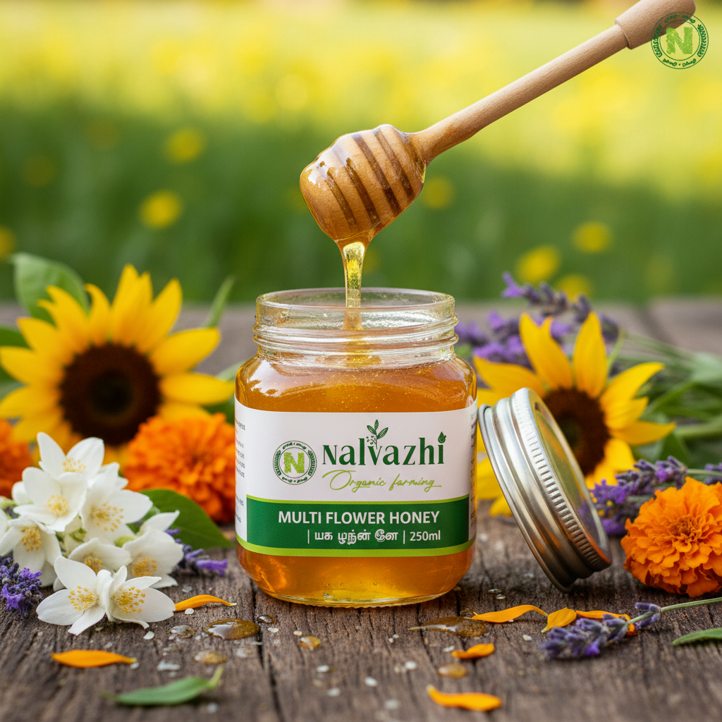 Nalvazhi Multi Flower Honey - 250ml jar open with honey dipper dripping golden honey surrounded by wildflowers