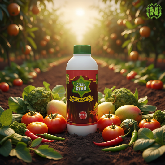 Nalvazhi Green Star Yield Booster 500ml bottle on fertile soil with ripe fruits and farm background