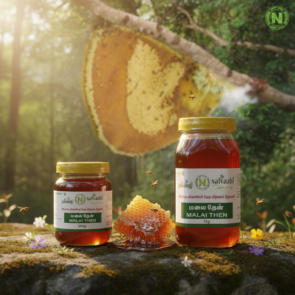 Nalvazhi Malai Then - 500g and 1kg jars combined with wild forest honeycomb background