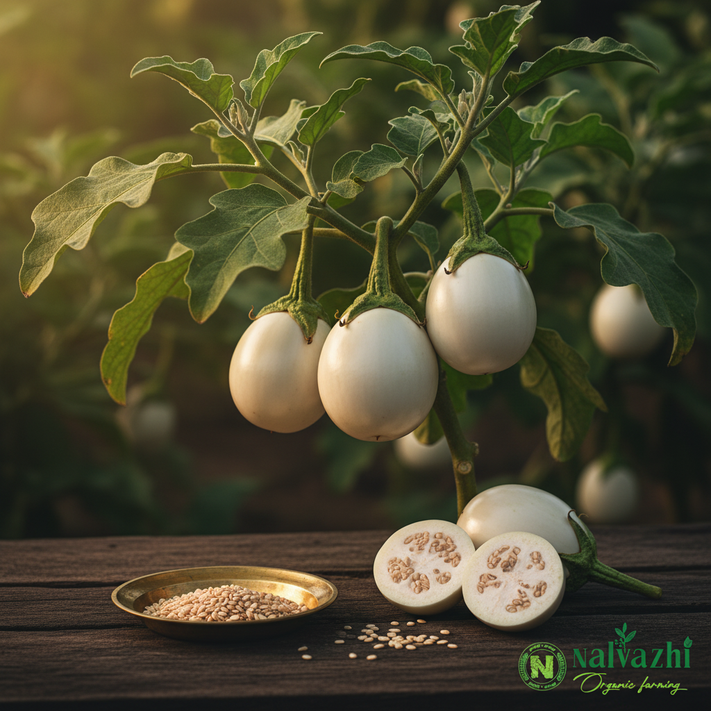Vellai Kathari (White Brinjal) cinematic farm shot with sliced fruit and cream seeds in brass plate — Nalvazhi Organic native seeds