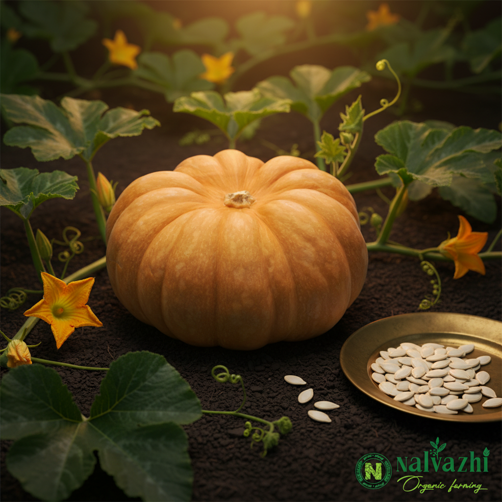 Yellow Pumpkin (Manjal Poosani) cinematic farm shot with cream seeds in brass plate — Nalvazhi Organic native seeds