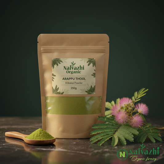 Nalvazhi Organic Arappu Thool Shikakai Powder 250g kraft packet with plant and green powder
