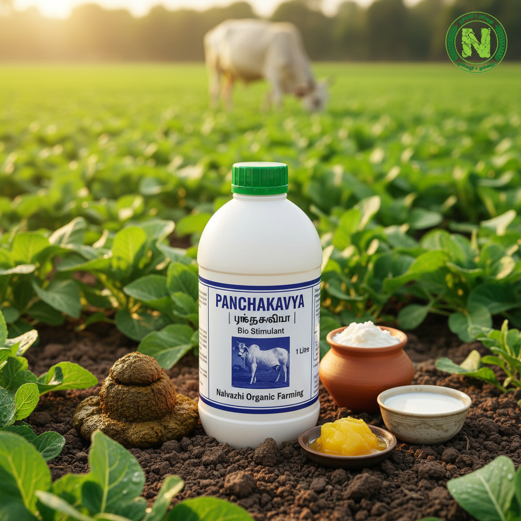 Nalvazhi Panchakavya Bio Stimulant 1 litre bottle on fertile soil with Indian cow and farm background