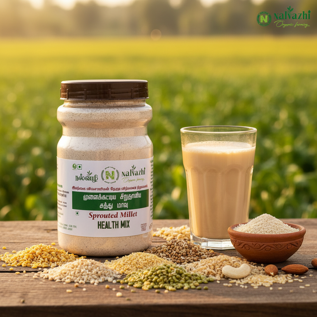 Nalvazhi Sprouted Millet Health Mix jar with sprouted millets and creamy health drink