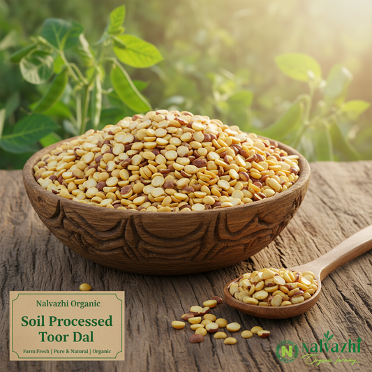 Soil Processed Toor Dal - Wooden Bowl Natural Background - Nalvazhi Organic