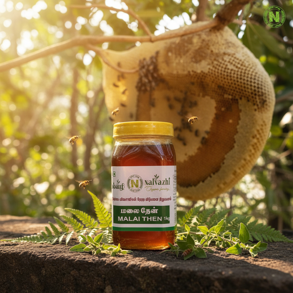 Nalvazhi Malai Then 1kg jar with wild forest honeycomb background