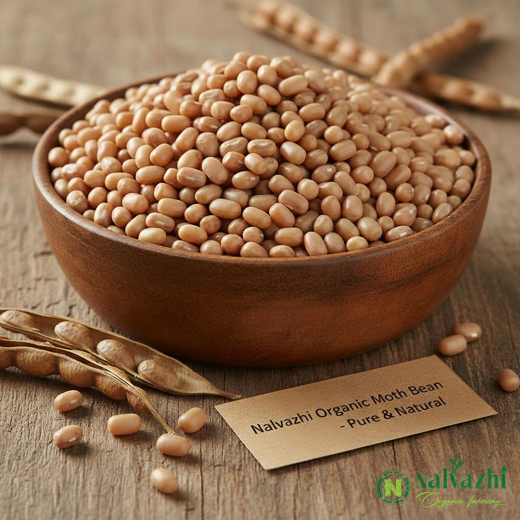 Nalvazhi Organic Moth Bean Matki in wooden bowl with natural background and plant branches