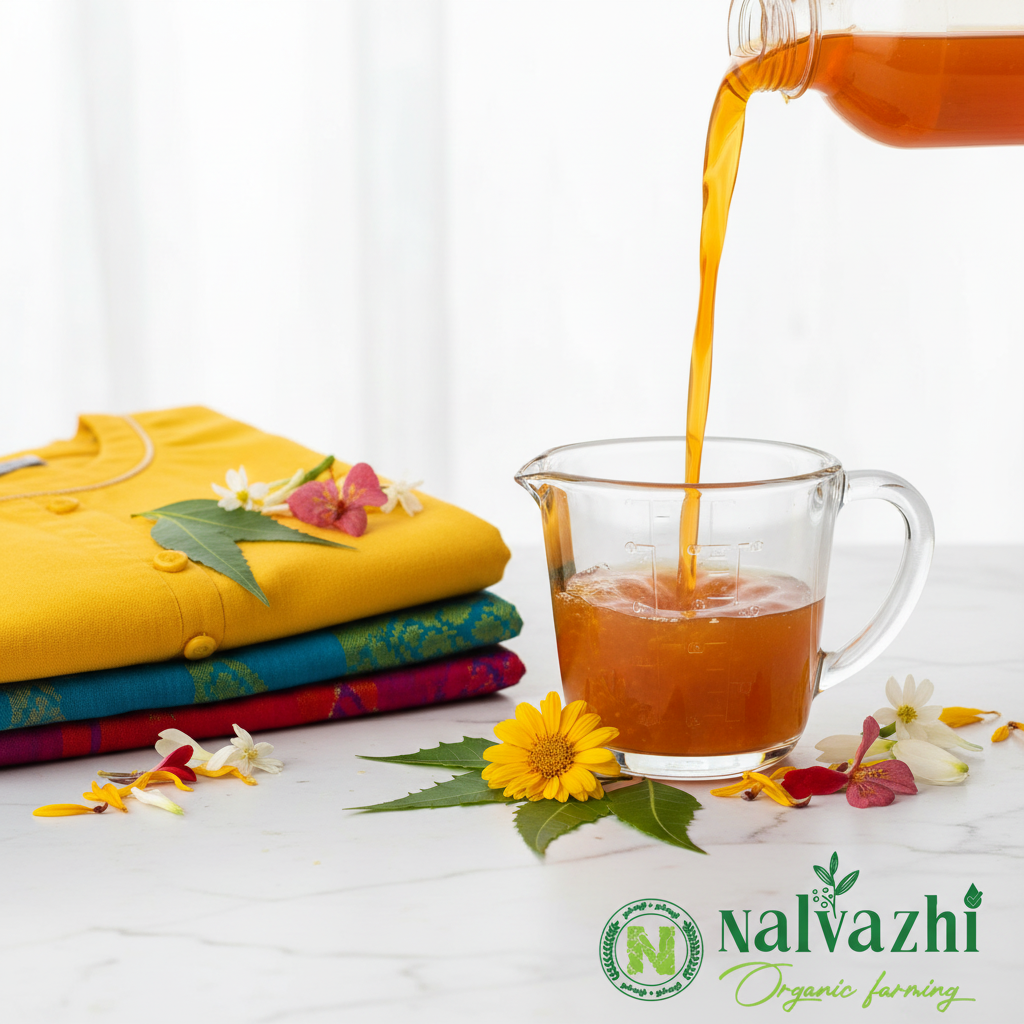 Nalvazhi Herbal Cloth Wash Liquid orange pour with colorful clothes and herbs