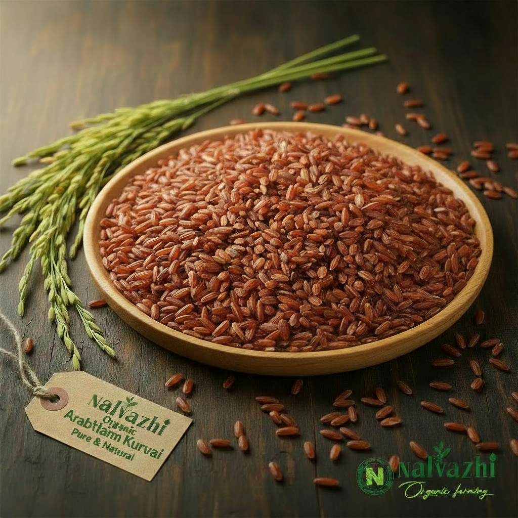 Arubatham Kuruvai rice in wooden plate - Nalvazhi Organic