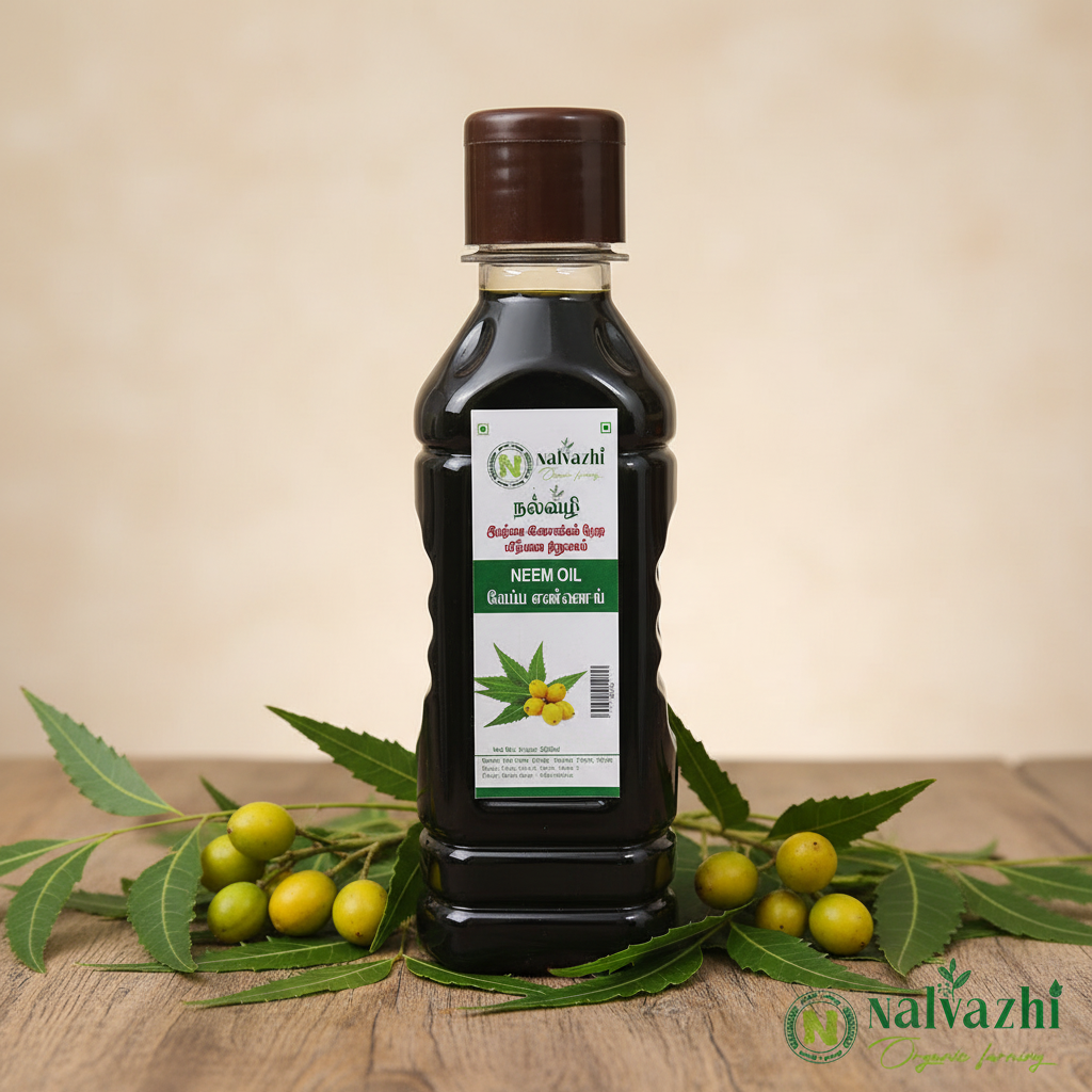 Nalvazhi Neem Oil bottle with fresh neem leaves and fruits
