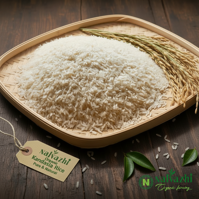 Kandasala Rice in square bamboo basket with paddy stalks - Nalvazhi Organic