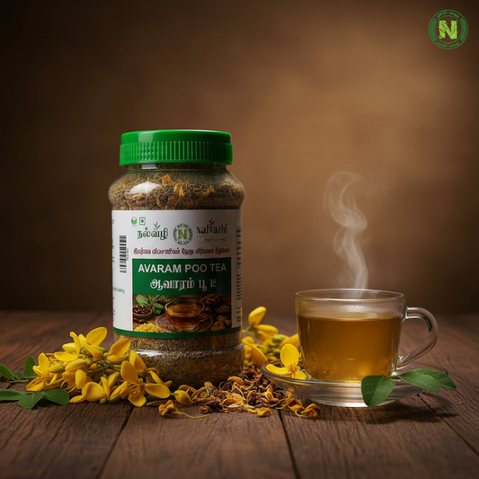 Nalvazhi Avaram Poo Tea jar on rustic dark wooden surface with fresh yellow avaram flowers and steaming glass cup of golden brewed tea