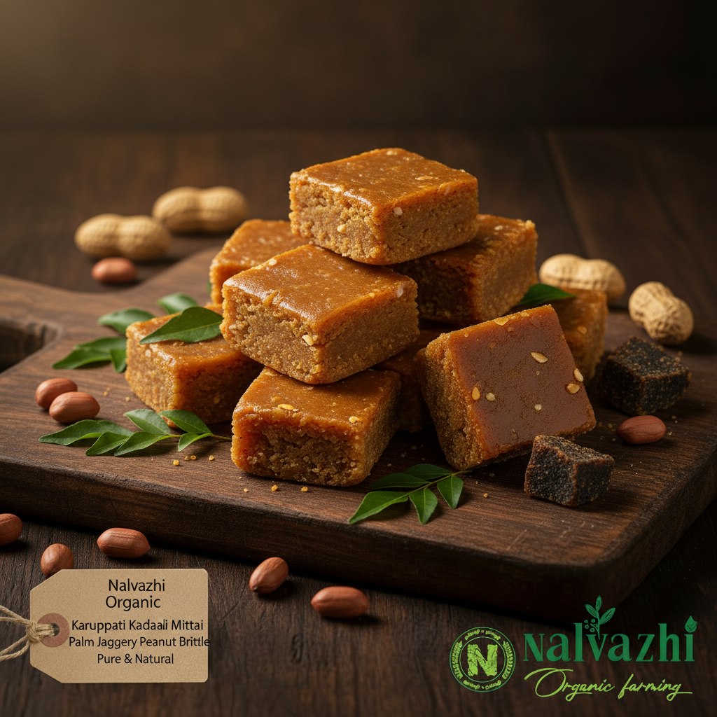 Organic Karuppati Kadalai Mittai Palm Jaggery Peanut Brittle on dark wooden board with kraft tag