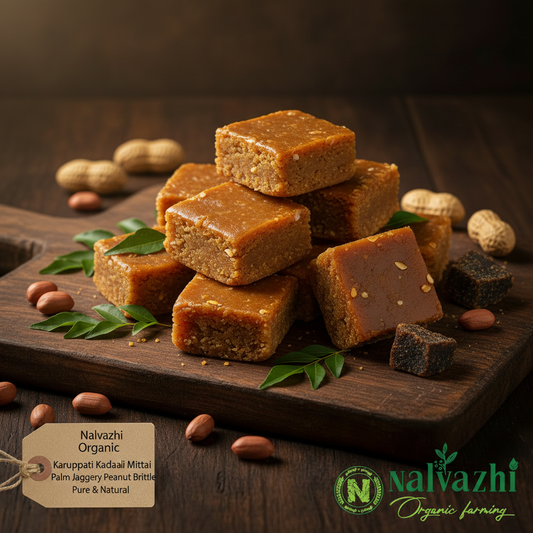 Organic Karuppati Kadalai Mittai Palm Jaggery Peanut Brittle on dark wooden board with kraft tag