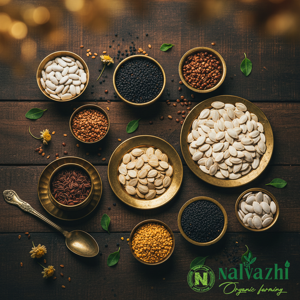 Native Indian vegetable seeds collection in multiple brass bowls on rustic wooden surface — Nalvazhi Organic native seeds