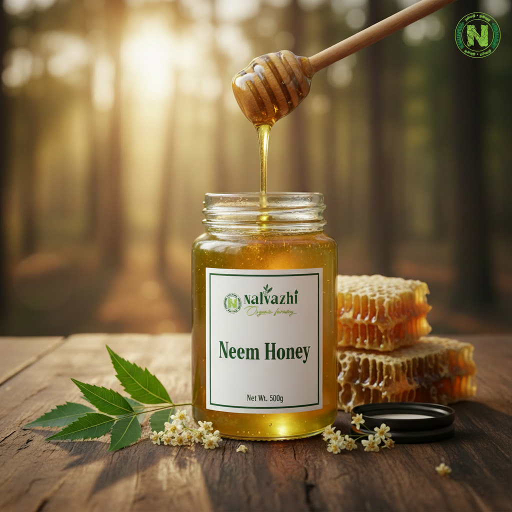 Neem Honey 500g jar with neem leaves and flowers on rustic wooden surface