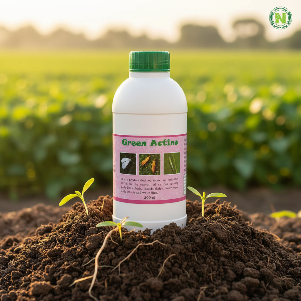 Nalvazhi Green Actino Actinomyces Bio Fertilizer 500ml bottle on fertile soil with green seedlings
