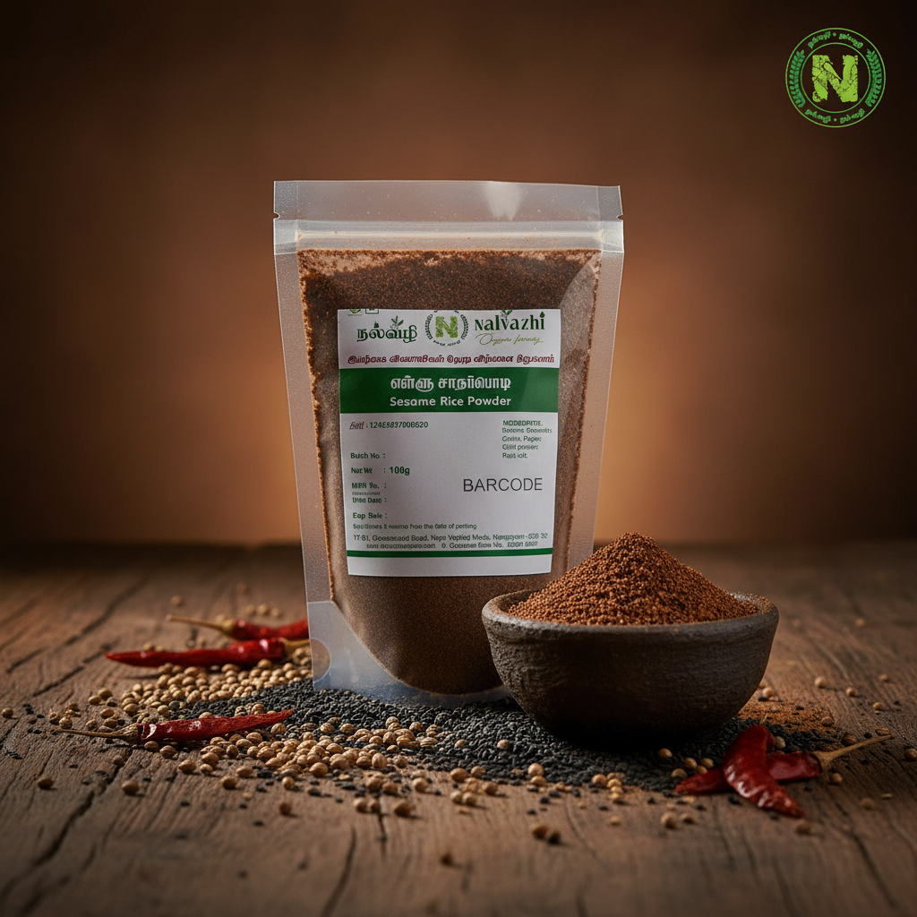 Nalvazhi Sesame Rice Powder packet on rustic dark wooden surface with black sesame seeds and clay bowl