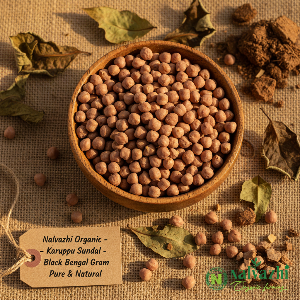 Nalvazhi Organic Black Bengal Gram in wooden bowl with natural background