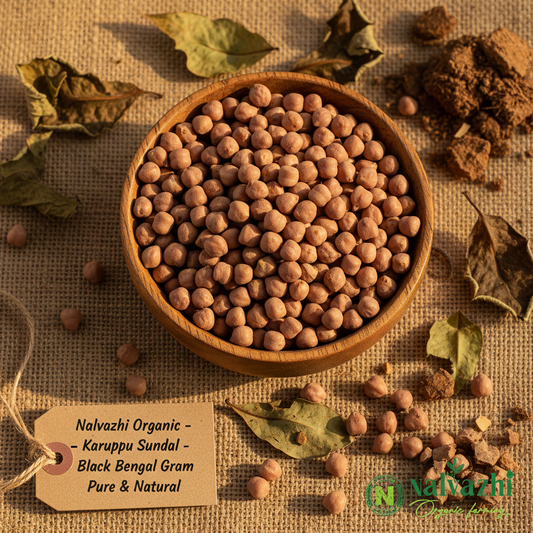 Nalvazhi Organic Black Bengal Gram in wooden bowl with natural background