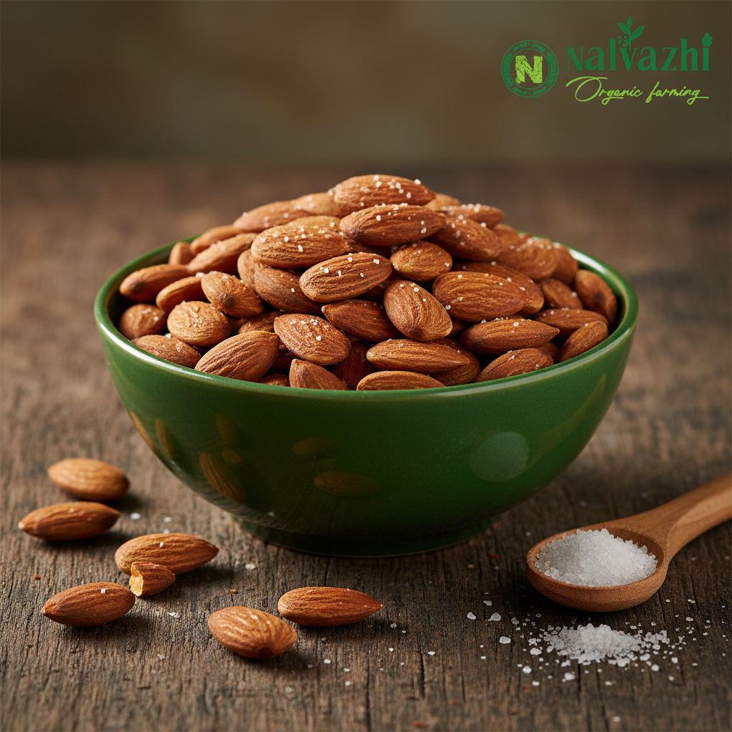 Golden roasted and lightly salted almonds with Nalvazhi Organic Farming logo