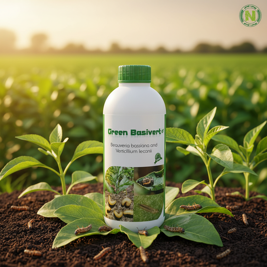 Nalvazhi Green Basivert Beauveria Bassiana Bio Pesticide 250ml bottle on fertile soil