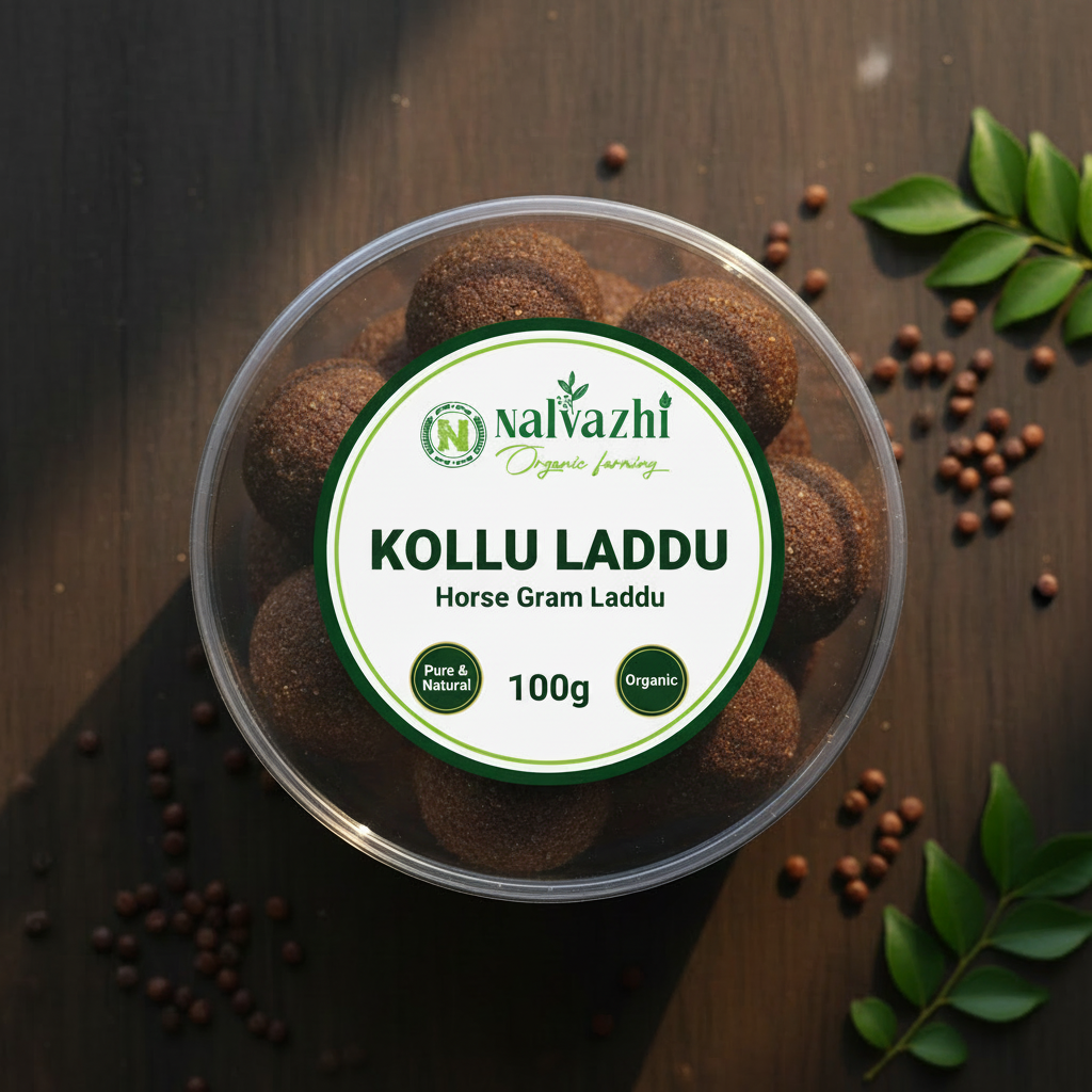 Nalvazhi Organic Kollu Laddu 100gm transparent round box with white label