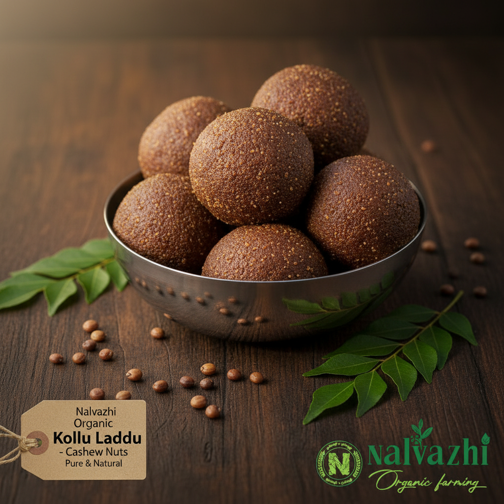 Nalvazhi Organic Kollu Laddu Horse Gram Laddu dark brown balls in steel bowl on dark wooden table