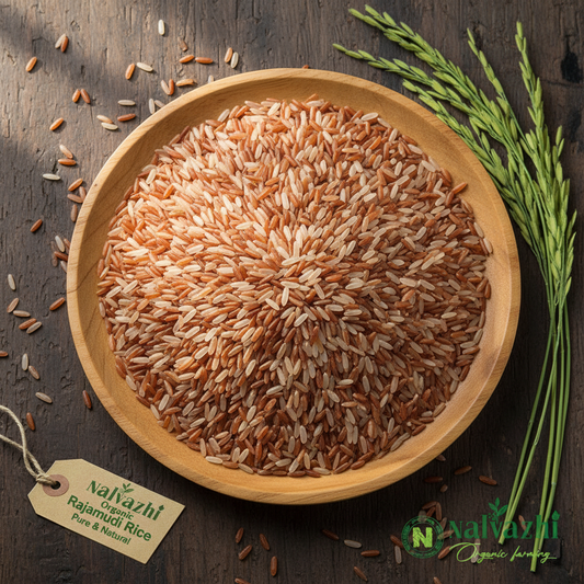 Rajamudi Rice in wooden plate with Nalvazhi logo - Nalvazhi Organic
