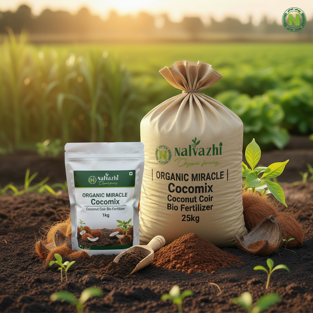 Nalvazhi Organic Miracle Cocomix - 1kg bag and 25kg sack combined on farm soil