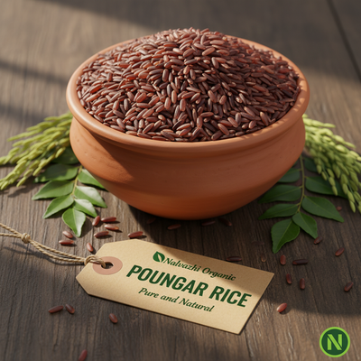 Poongar rice in traditional terracotta bowl with kraft paper tag