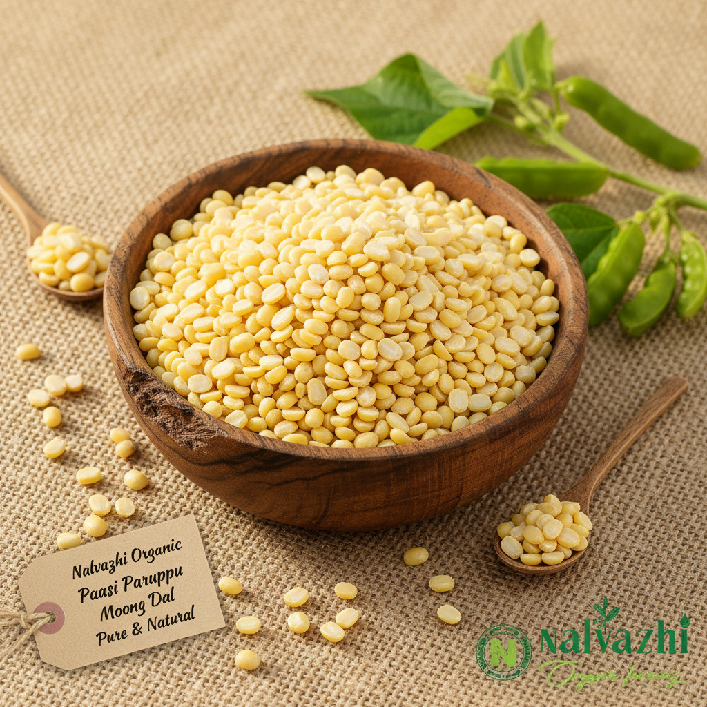 Nalvazhi Organic Moong Dal in wooden bowl with natural background