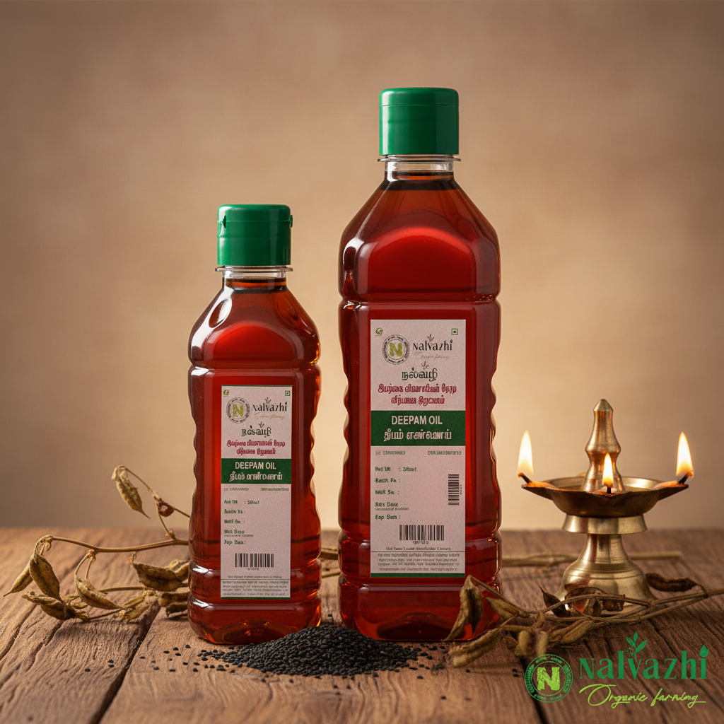 Nalvazhi Deepam Gingelly Oil 200ml and 500ml bottles together with black sesame seeds and traditional brass vilakku lamp