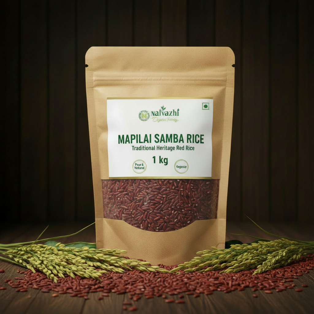 Mapilai Samba Rice 1kg kraft zip-lock pouch with clear window - Nalvazhi Organic