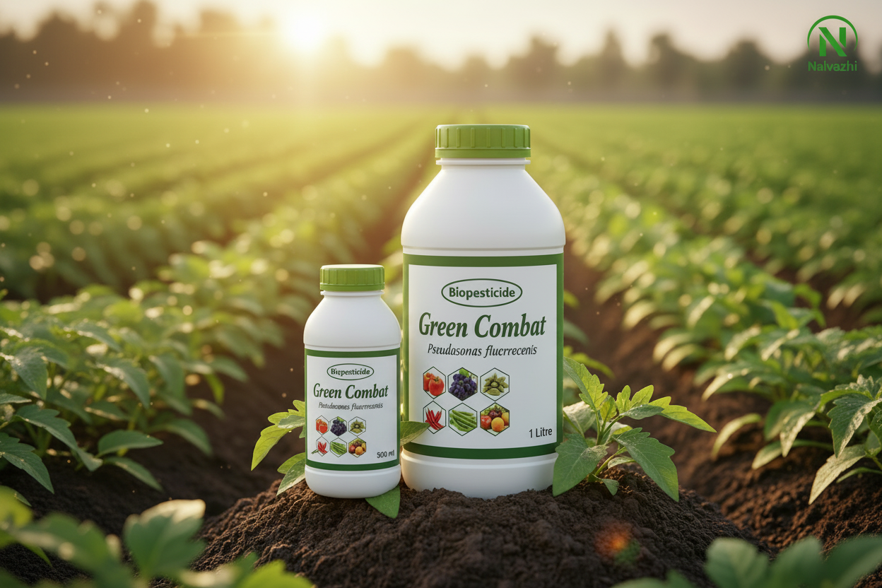 Nalvazhi Green Combat Biopesticide 500ml and 1 Litre bottles together in farm field
