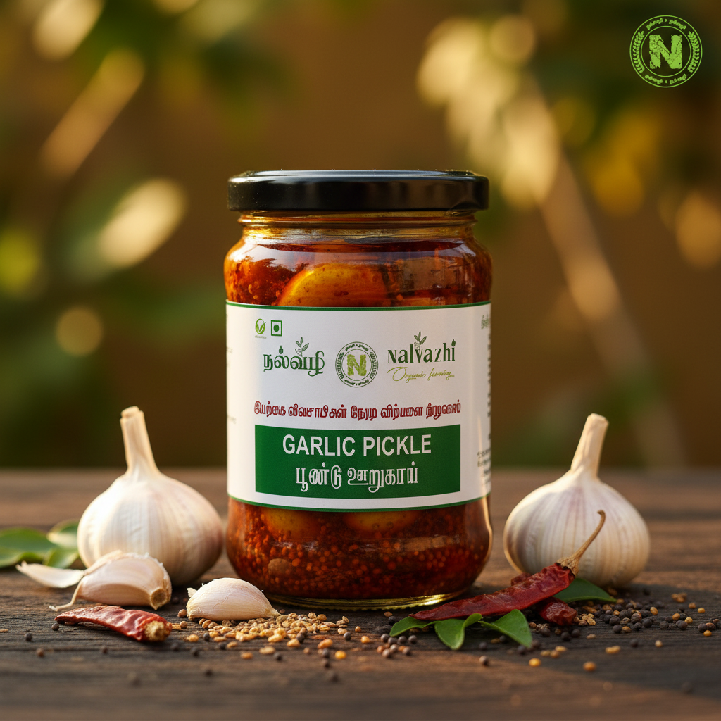 Nalvazhi Poondu Oorugai jar with whole garlic cloves in spiced oil and Nalvazhi label