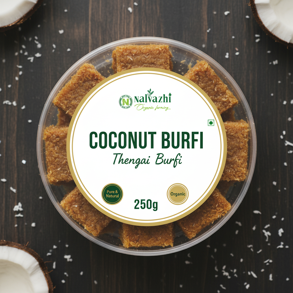 Organic Coconut Burfi 250gm transparent round box with white label