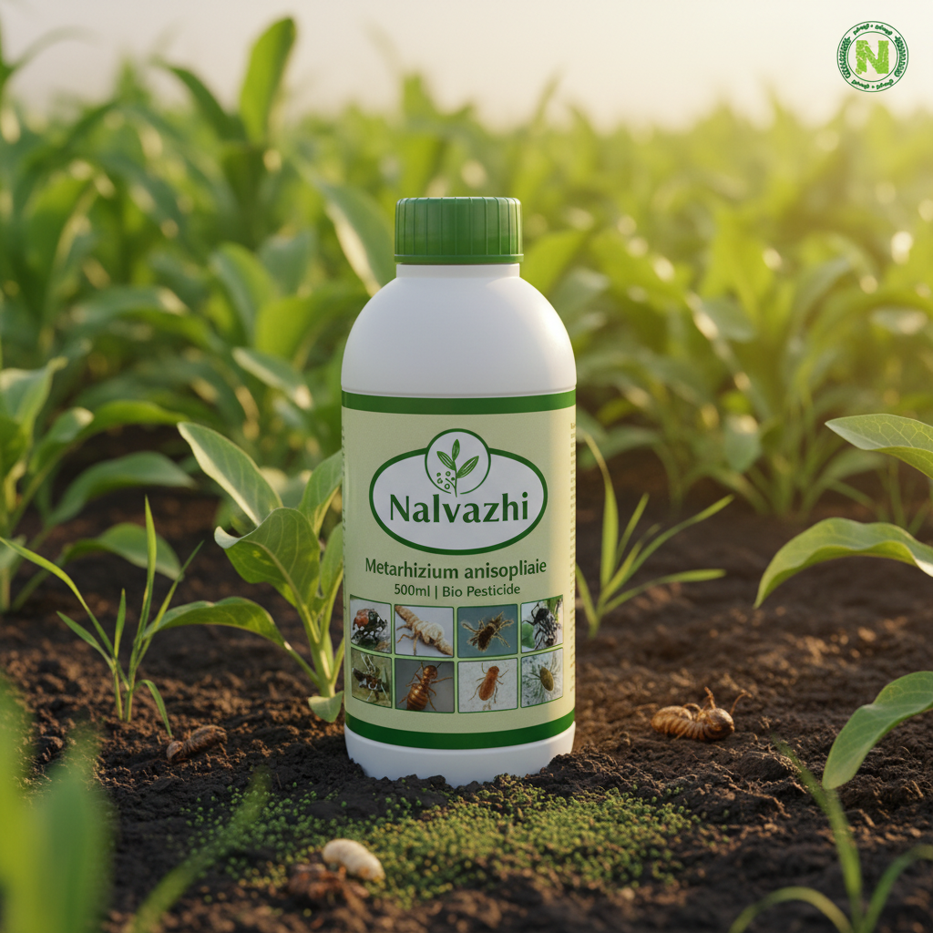 Nalvazhi Metarhizium anisopliae Bio Pesticide 500ml bottle on farm soil with green crops background
