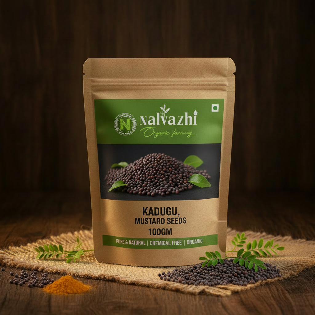 Nalvazhi Organic Kadugu Mustard Seeds 100g kraft standup pouch on jute mat